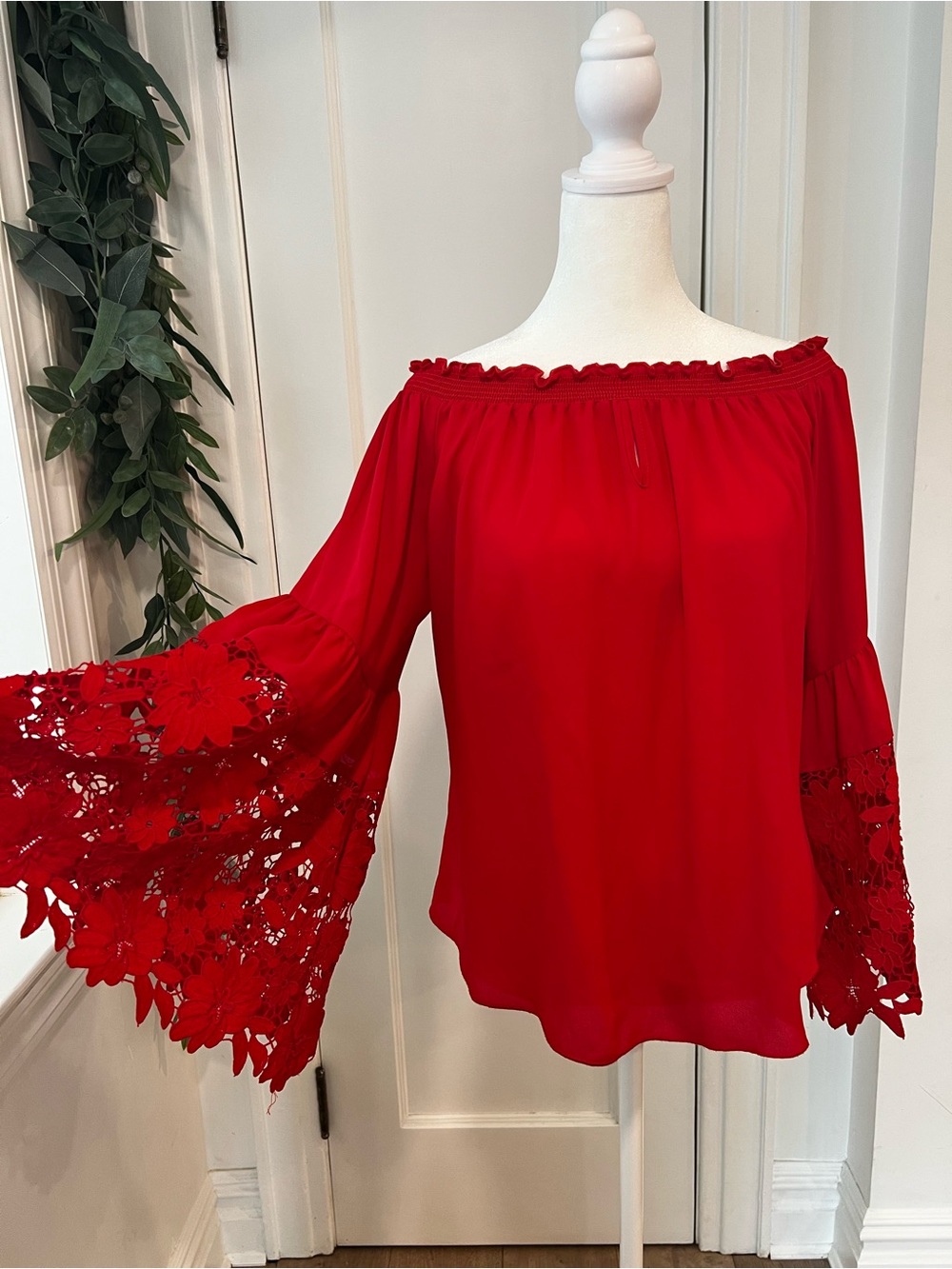 Joseph Ribkoff Red Off-Shoulder Lace Bell-Sleeve Blouse
